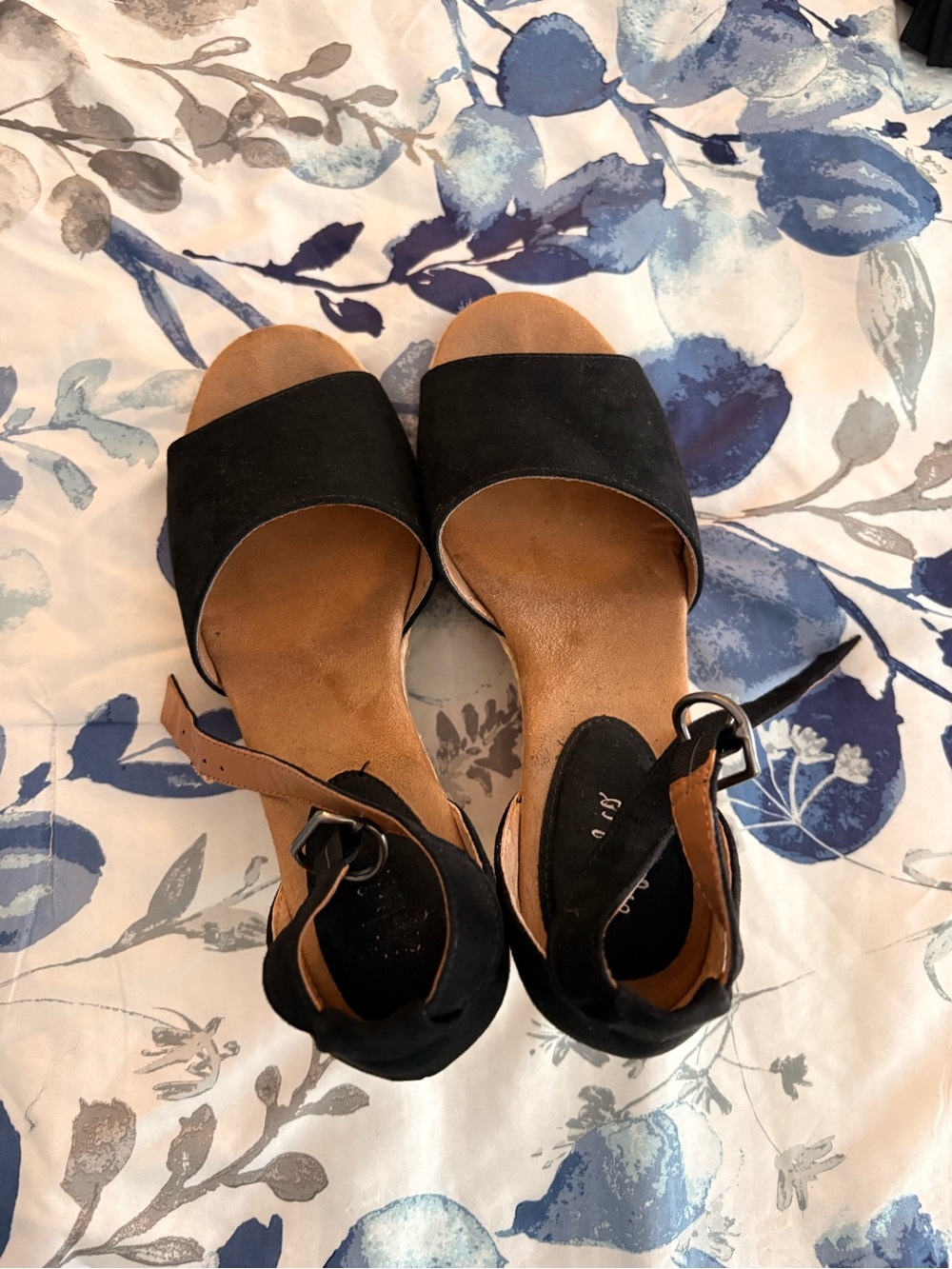 Women’s Black Suede Wedge Sandals with Tan Espadrille Heel - Picture 2 of 5